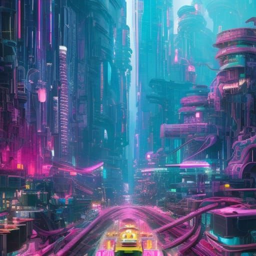 Surreal Underwater Metropolis in Neon Cyberpunk Style