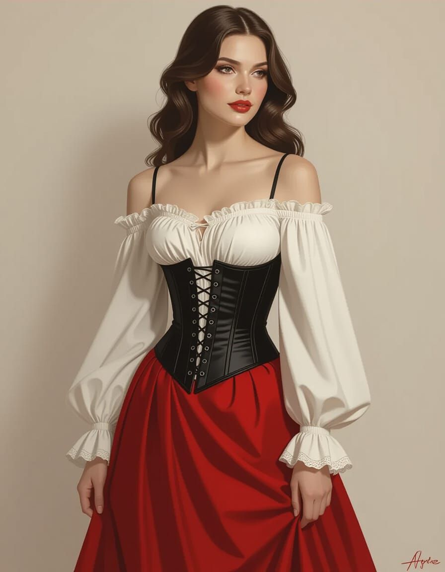 Elegant Woman in Corset and Flowing Red Dress