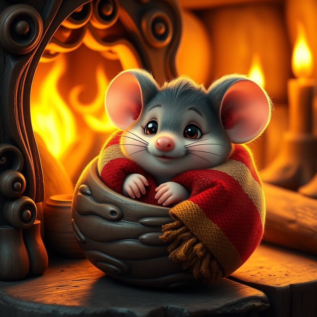 Whimsical Fireside Scene in Dreamy Cartoon Style