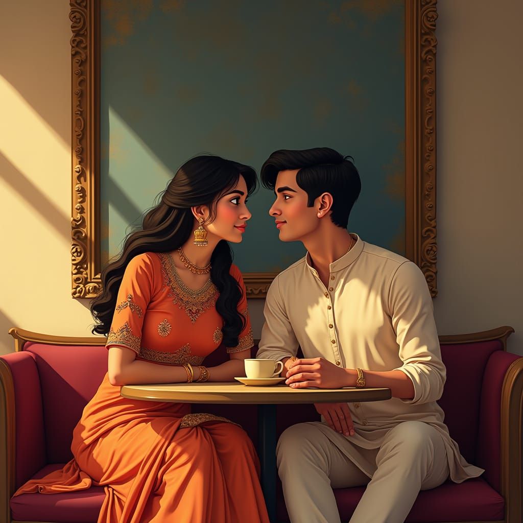 Lovers in Traditional Indian Attire, Ghibli-Inspired