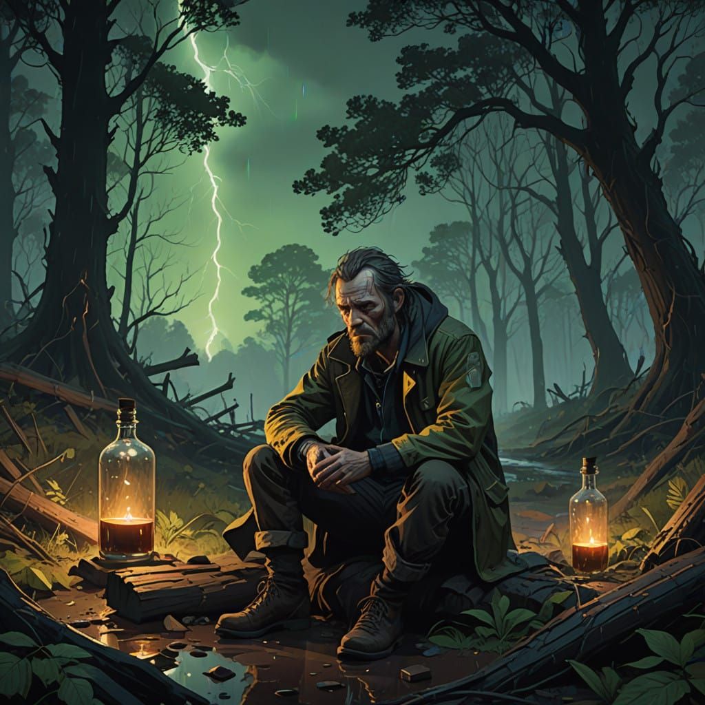 Despair in Dark Forest, Tattered Man Slumps Over Bottle