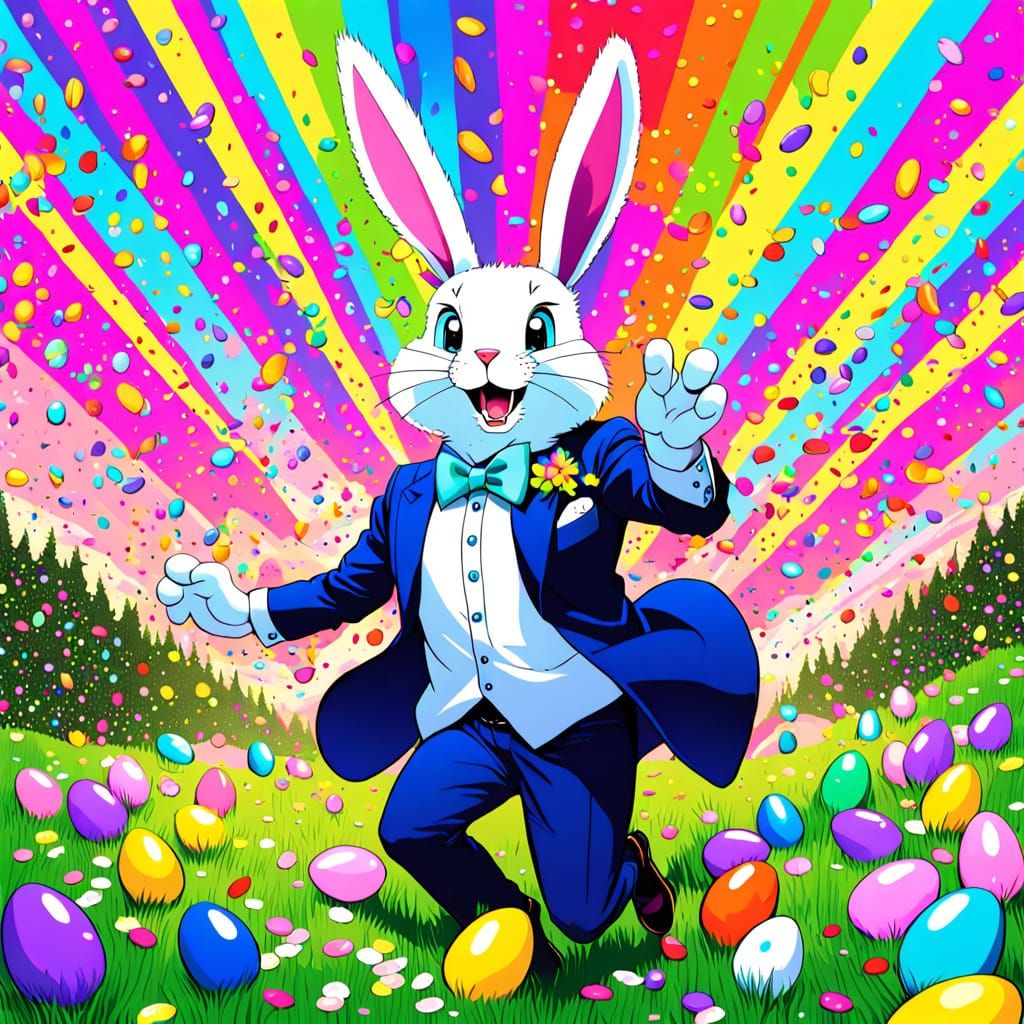 Vibrant Easter Bunny in Springtime Chaos