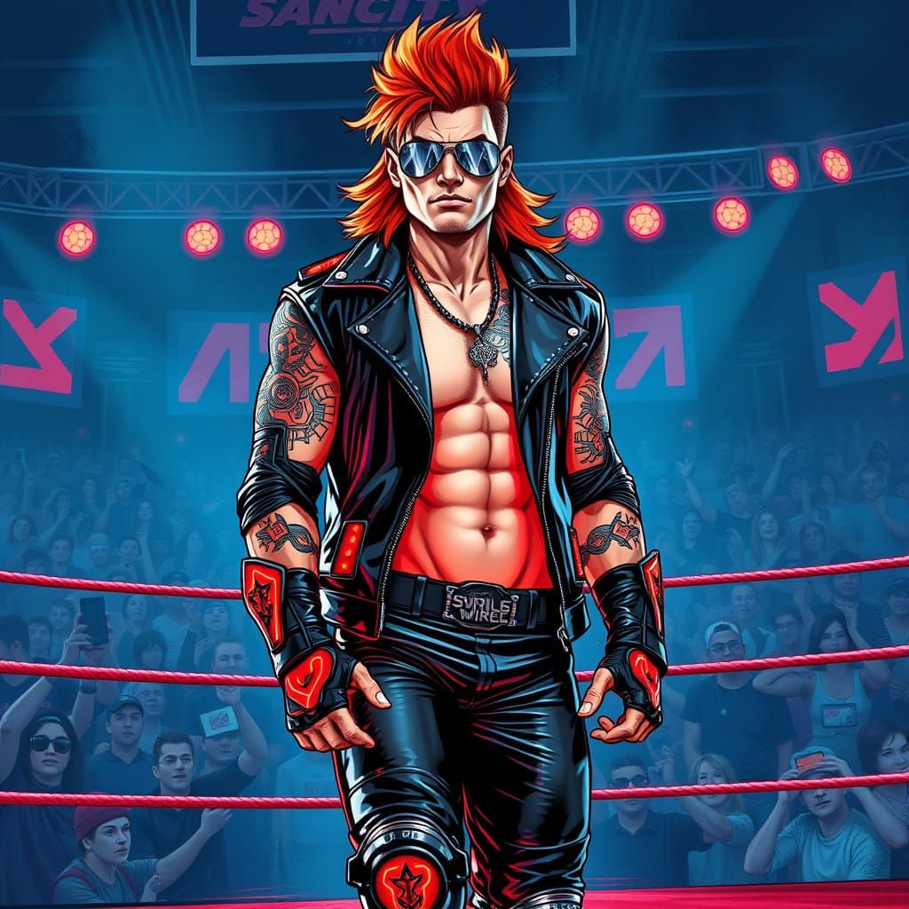 Cyberpunk Wrestler Enters the Ring with Fiery Red Hair and C...