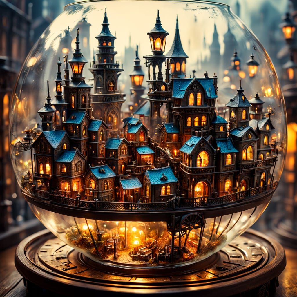 Steampunk City in Glass Bowl: Hyperrealistic Miniature