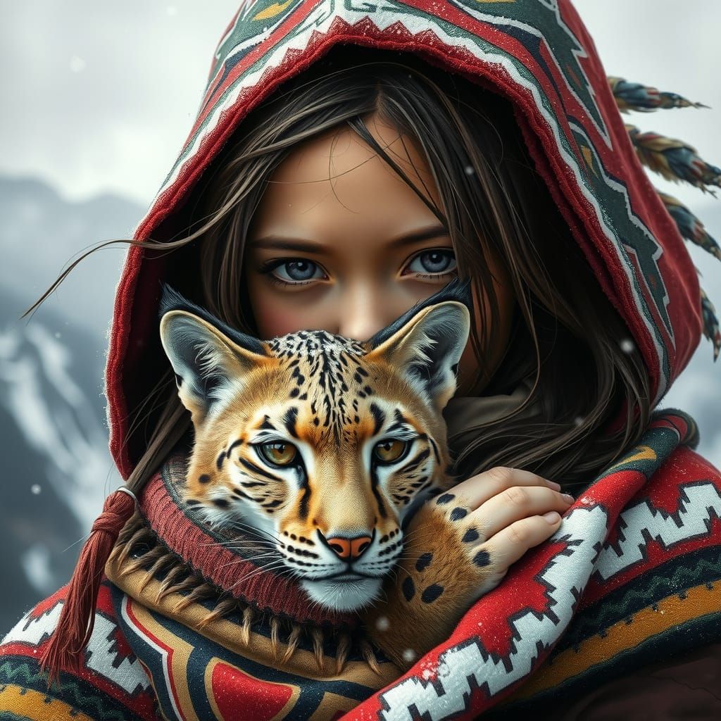 Sioux Girl with Bobcat in Expressive Impressionist Style