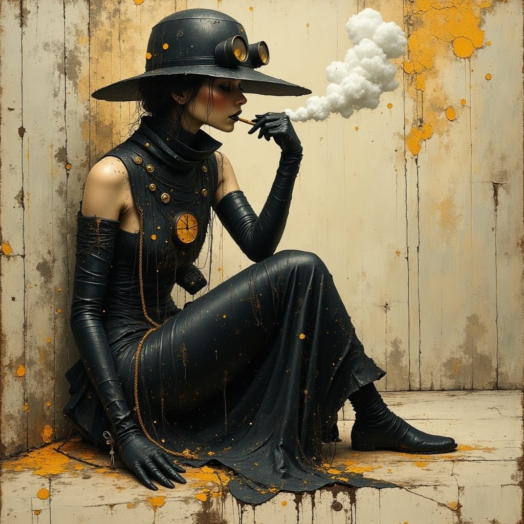 Steampunk Woman Smoking in Wet Watercolor Painting