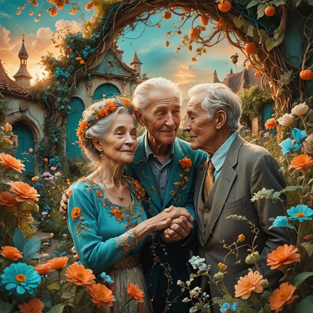 Elderly Couple in Whimsical Garden: Matte Painting