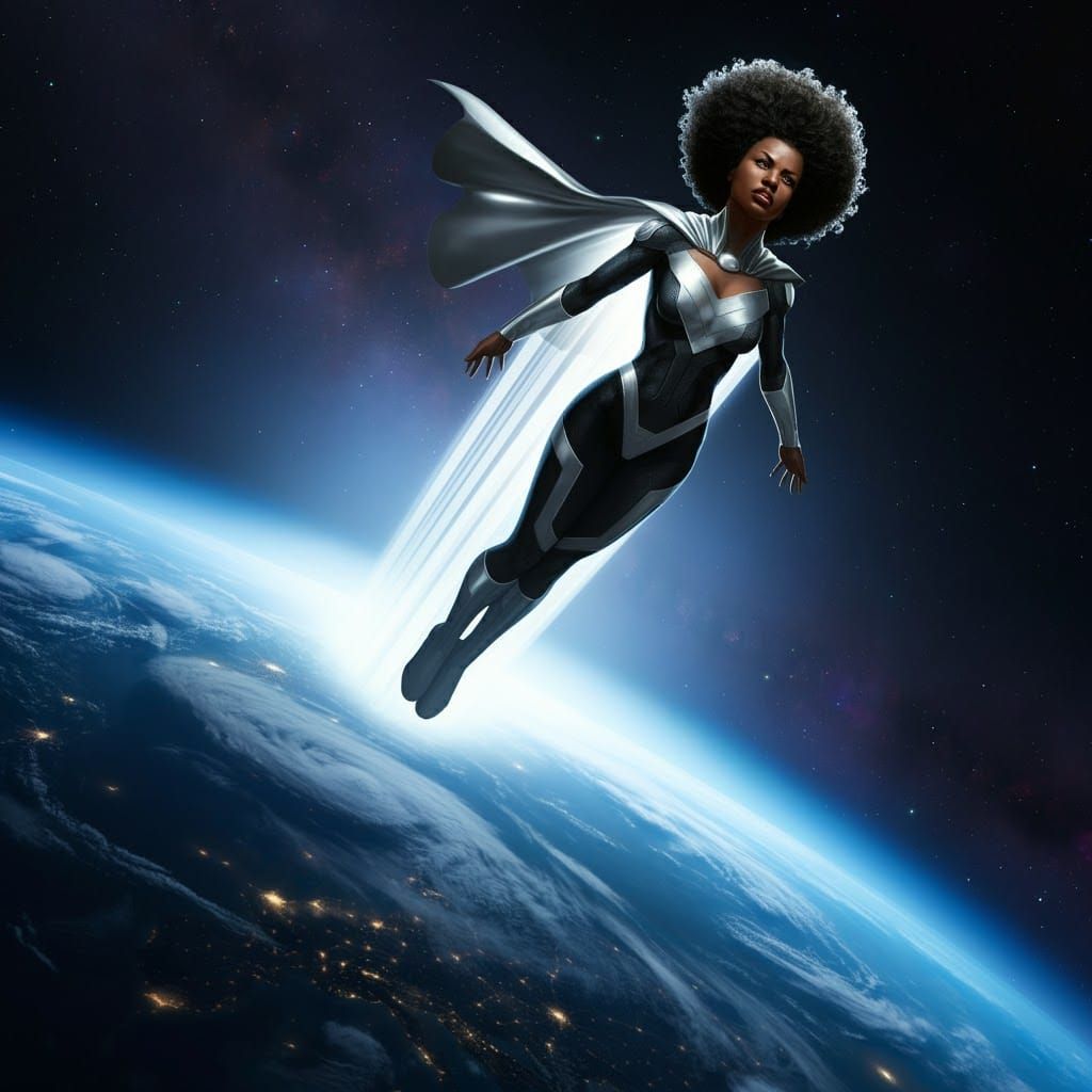 Cosmic Black Superheroine Soaring Through Space