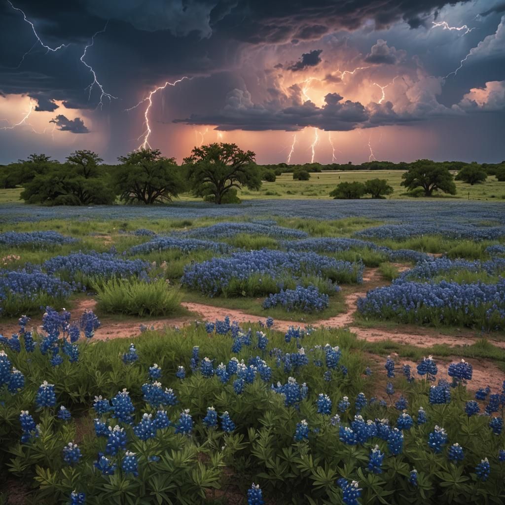 Dramatic Bluebonnet Field at Sunset in Texas