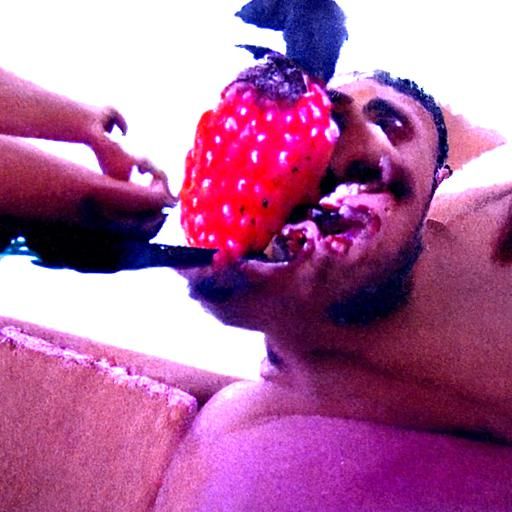 Naked man eating strawberry