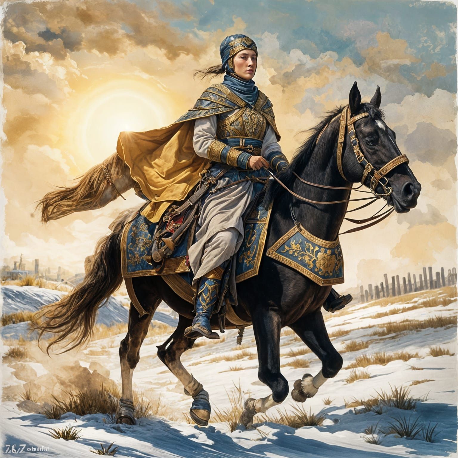 Cossack Woman Riding Steeppe Horse in Traditional Military R...