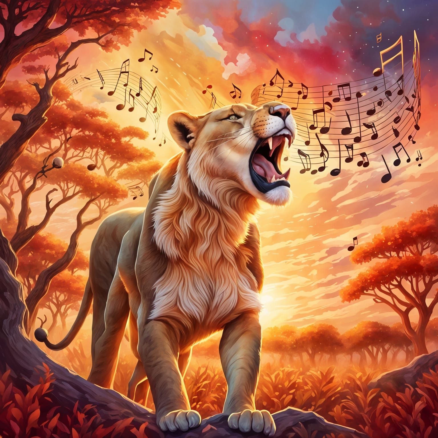 Lioness Roars Music in Whimsical Savannah Art