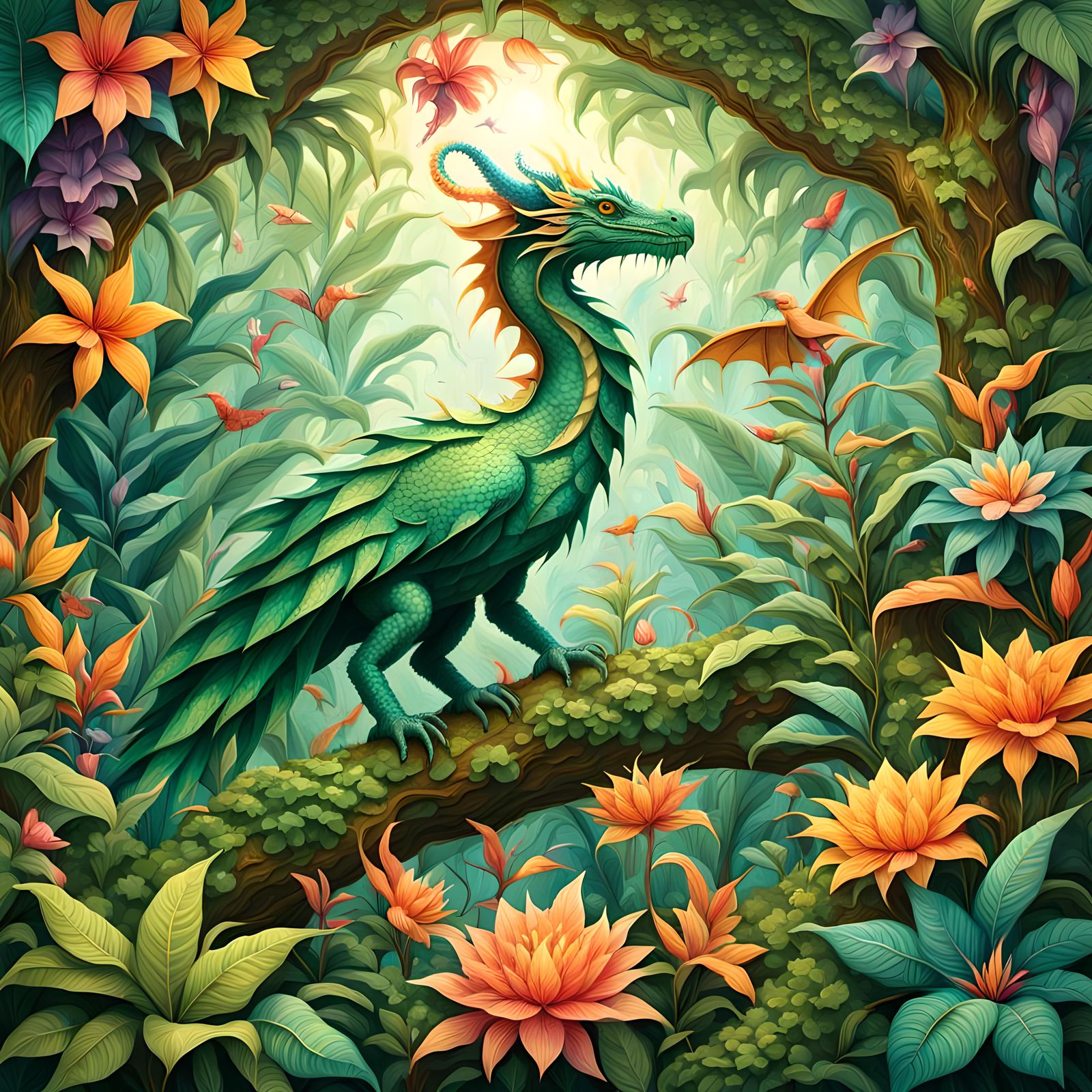 Create a vibrant fantasy jungle scene filled with colorful, oversized flora and whimsical fauna. Feature a majestic tree...