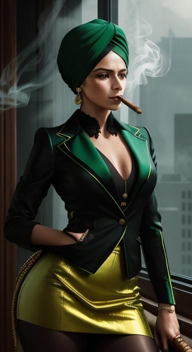 Businesswoman Smoking Cigar in Green Suit