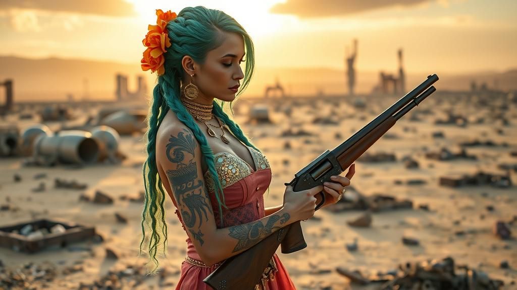 Steampunk Woman in Apocalyptic Desert, Hyperrealistic Art