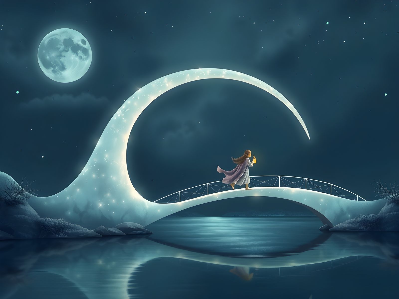 Moonlit Crystal Bridge in Whimsical Landscape