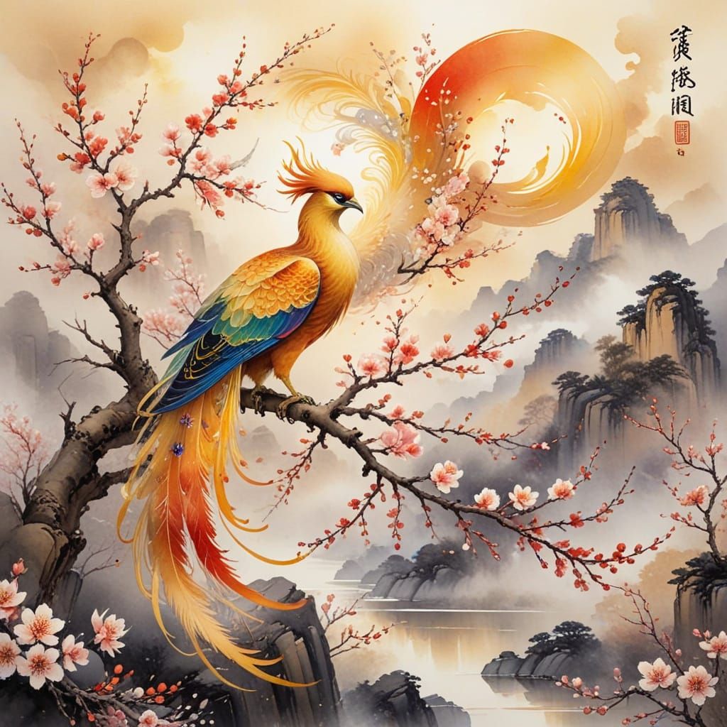 Rainbow Phoenix Among Plum Blossoms in Ink Wash