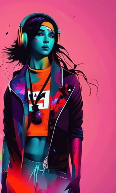 Girl with Headphones: Vector Art in Trash Polka Style