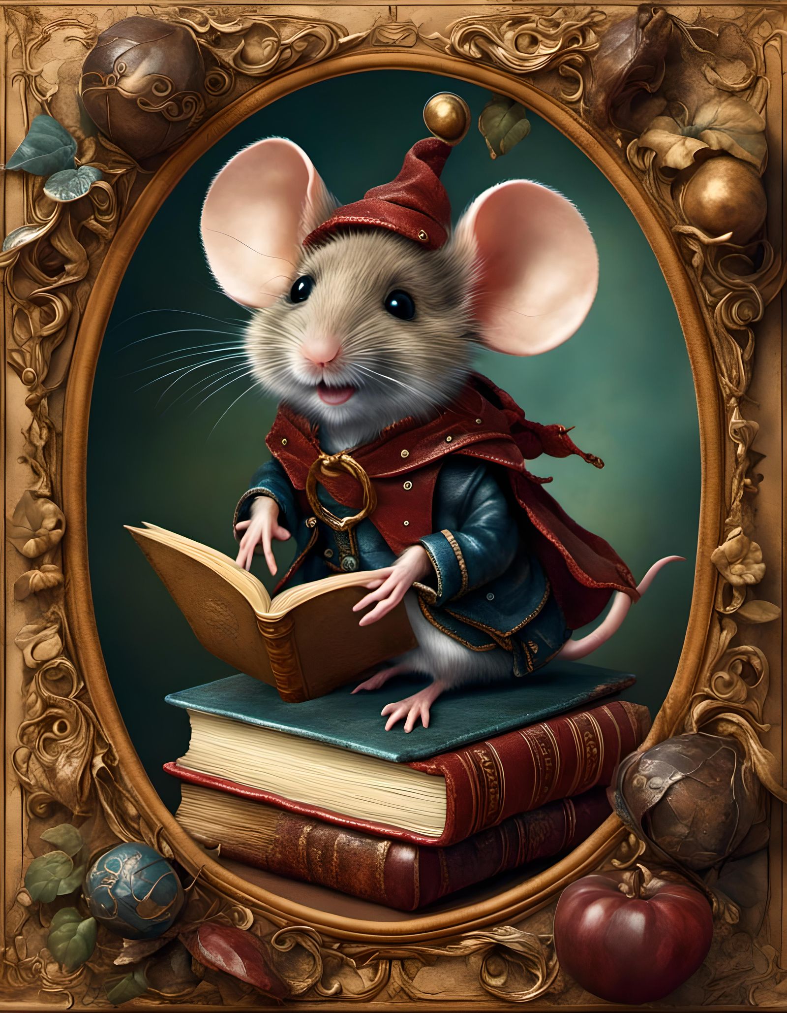 Whimsical Mouse in Frame of Leather Books