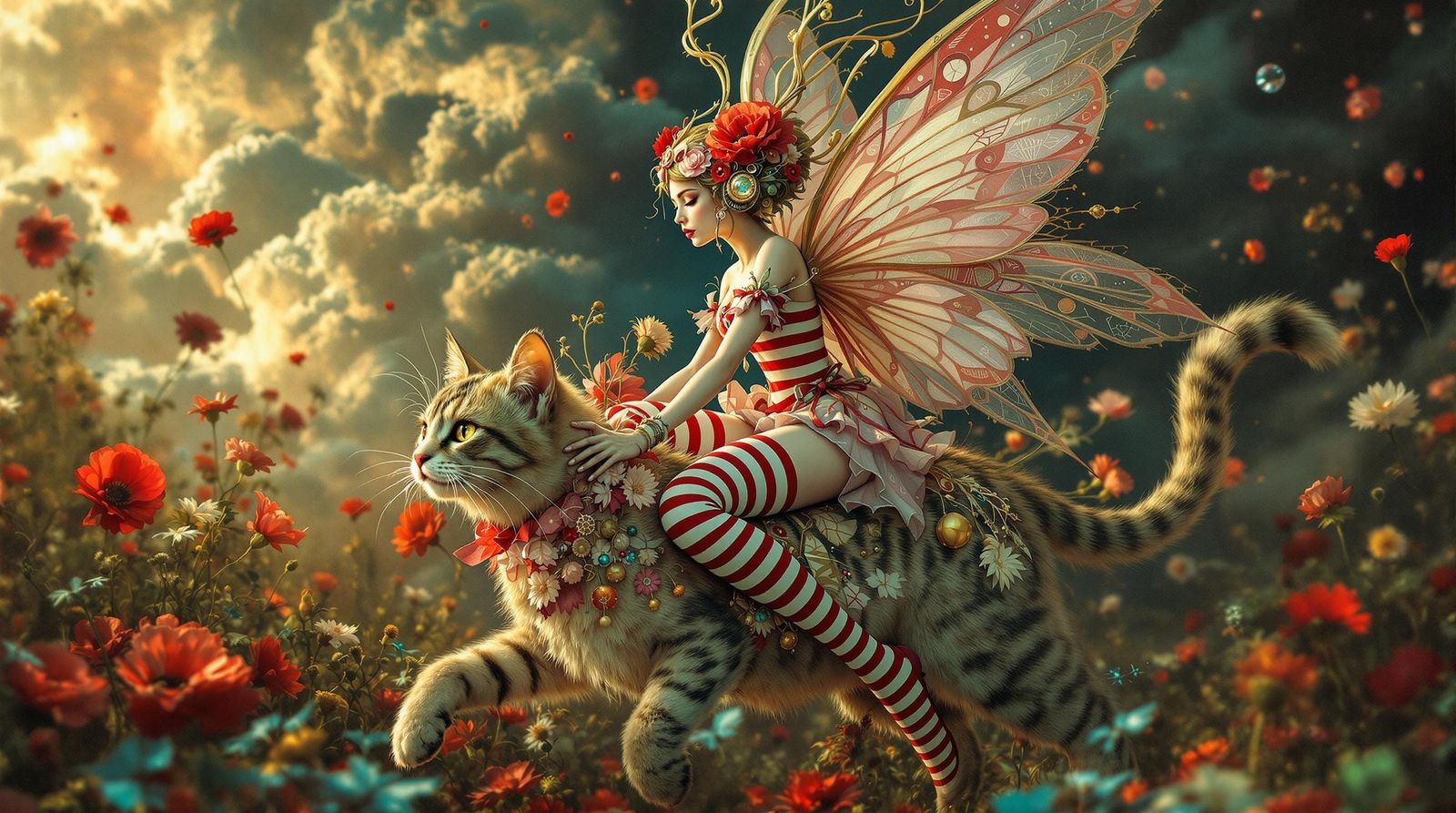 Ethereal Victorian Fairy Rides Majestic Cat in Striped Stock...