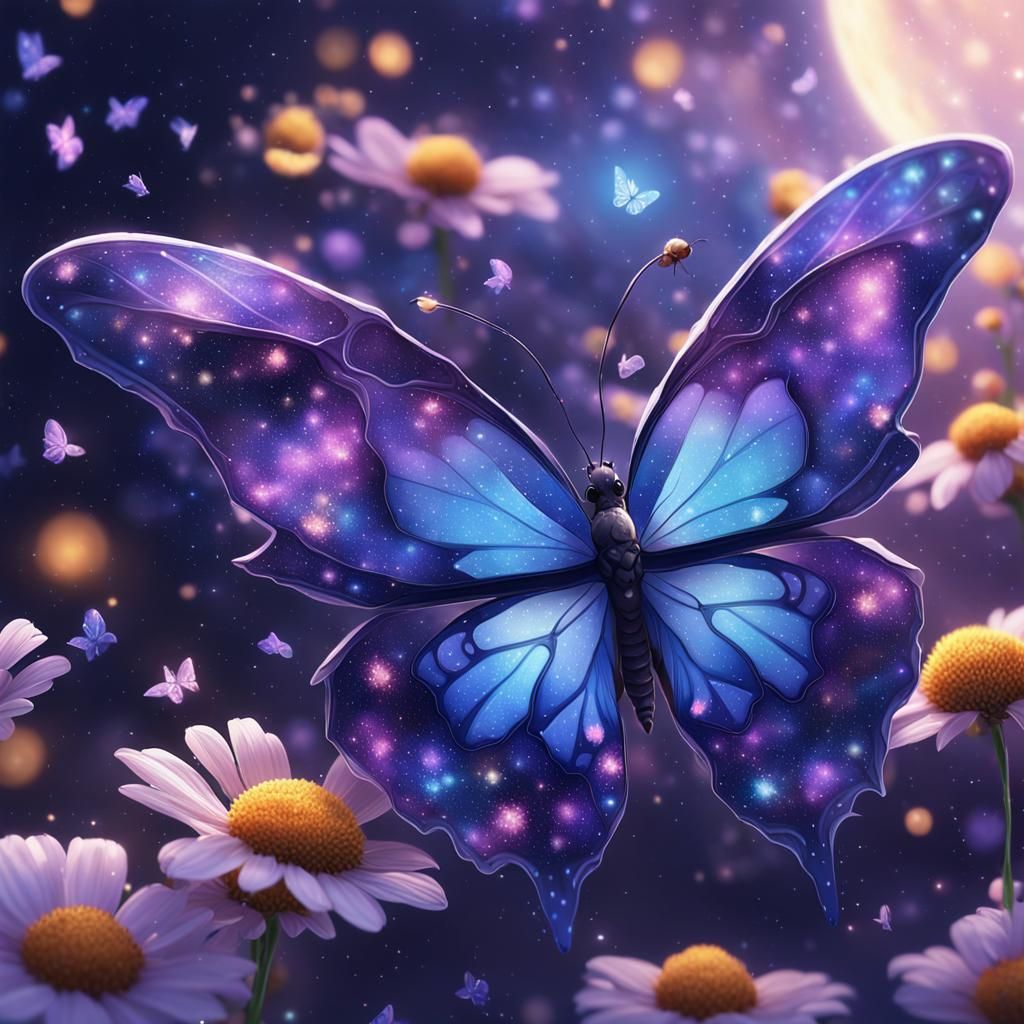 Cosmic Butterfly Amidst Flowers: 3D Anime Art