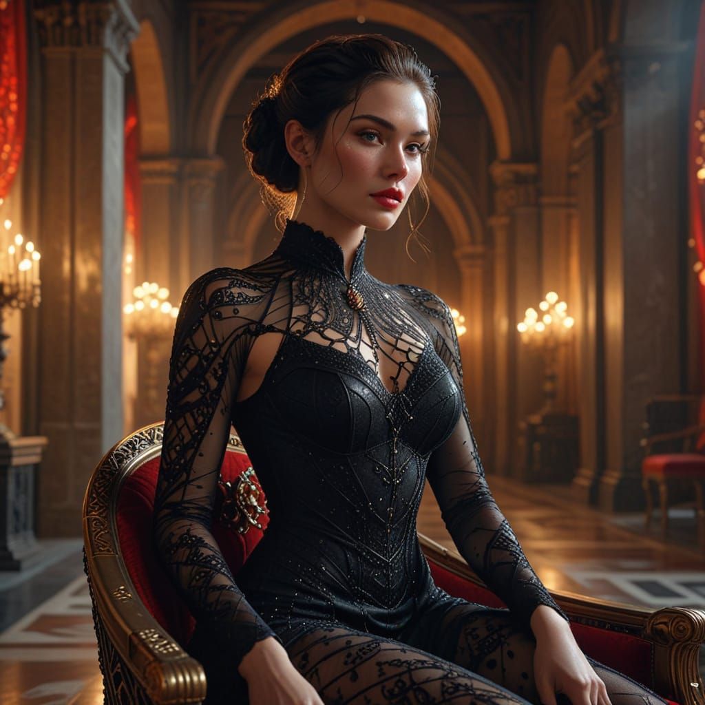 Muscular Woman on Throne in Ethereal Hall