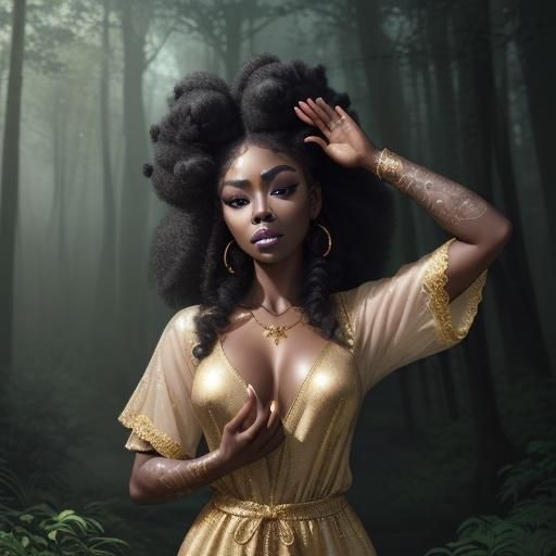 Black Woman Meditating in Magical Forest, Hyperrealistic