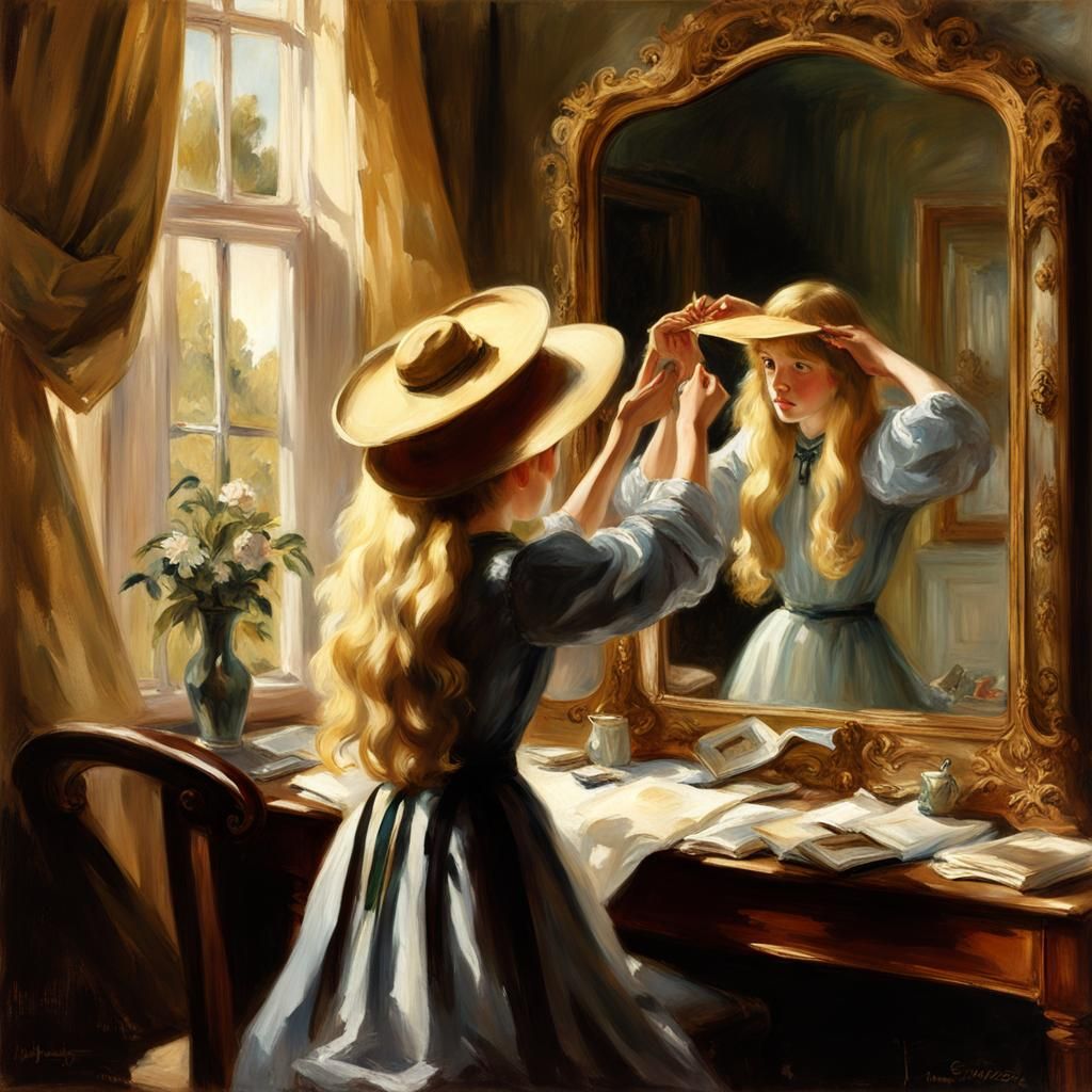 Girl Fixing Hat, John Singer Sargent Style