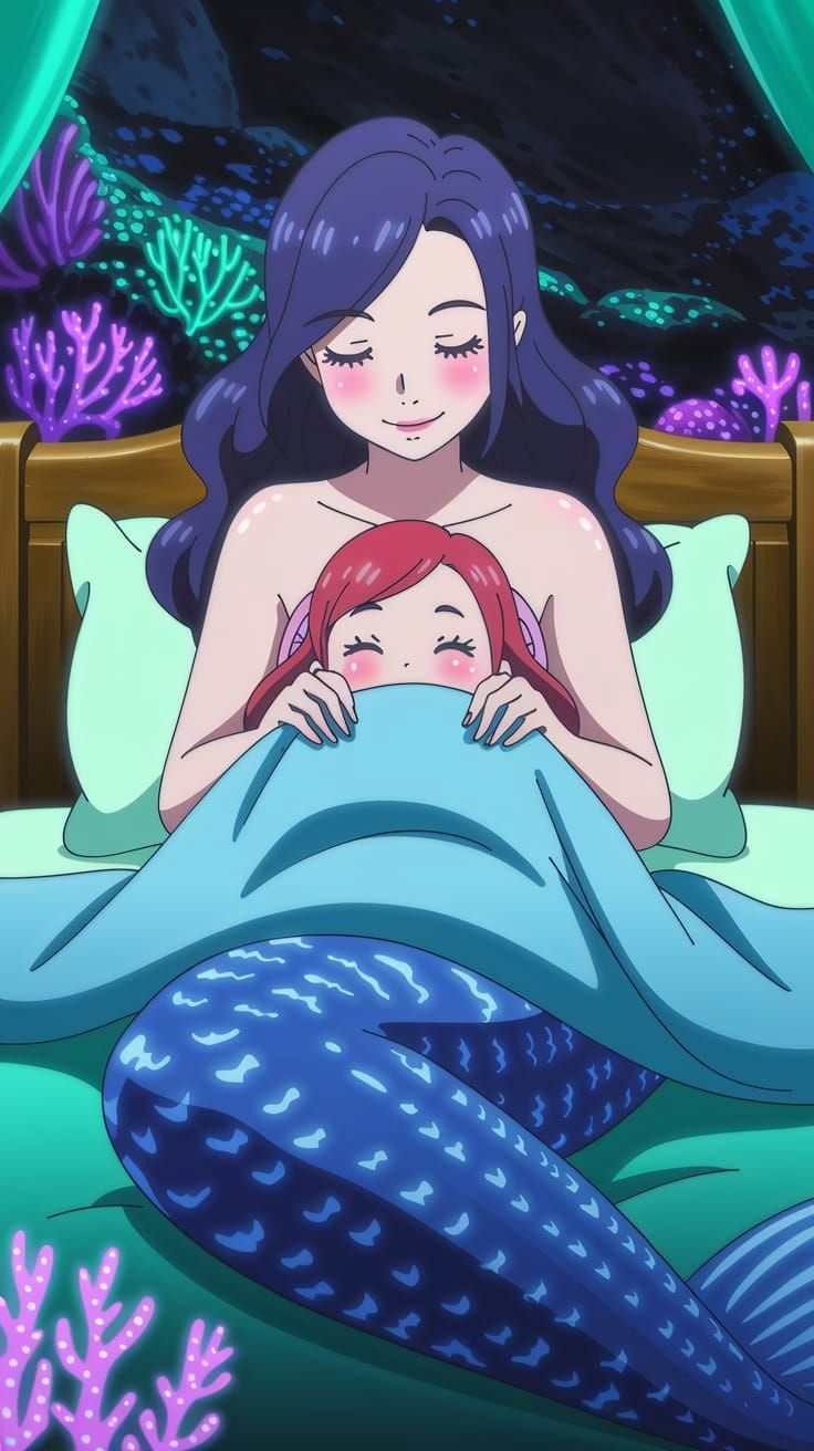 Anime-Style Mermaid Mother Reads Bedtime Stories to Glowing ...