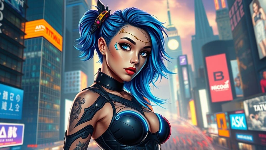 Dieselpunk Dreamgirl in Neon Cityscape