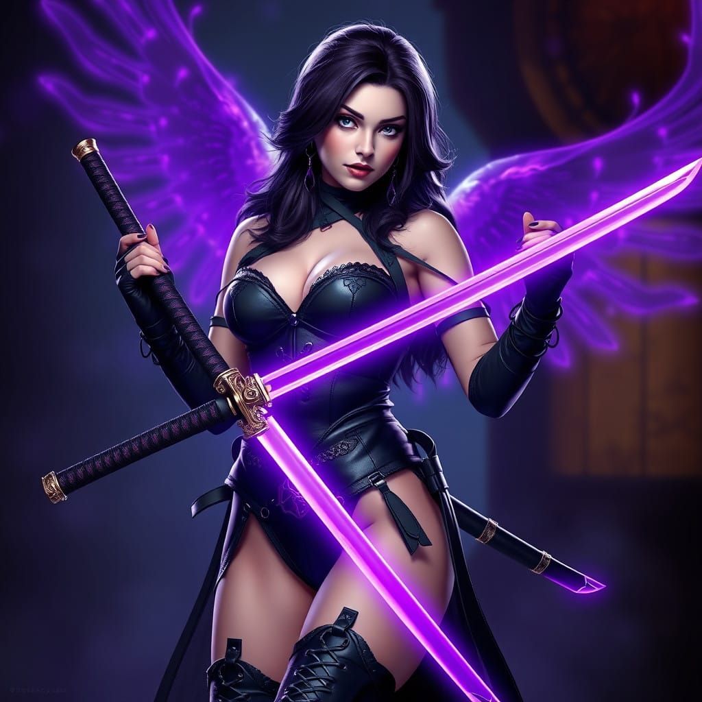 Goddess Psylocke in Midnight Armor, Hyperdetailed Fantasy Po...