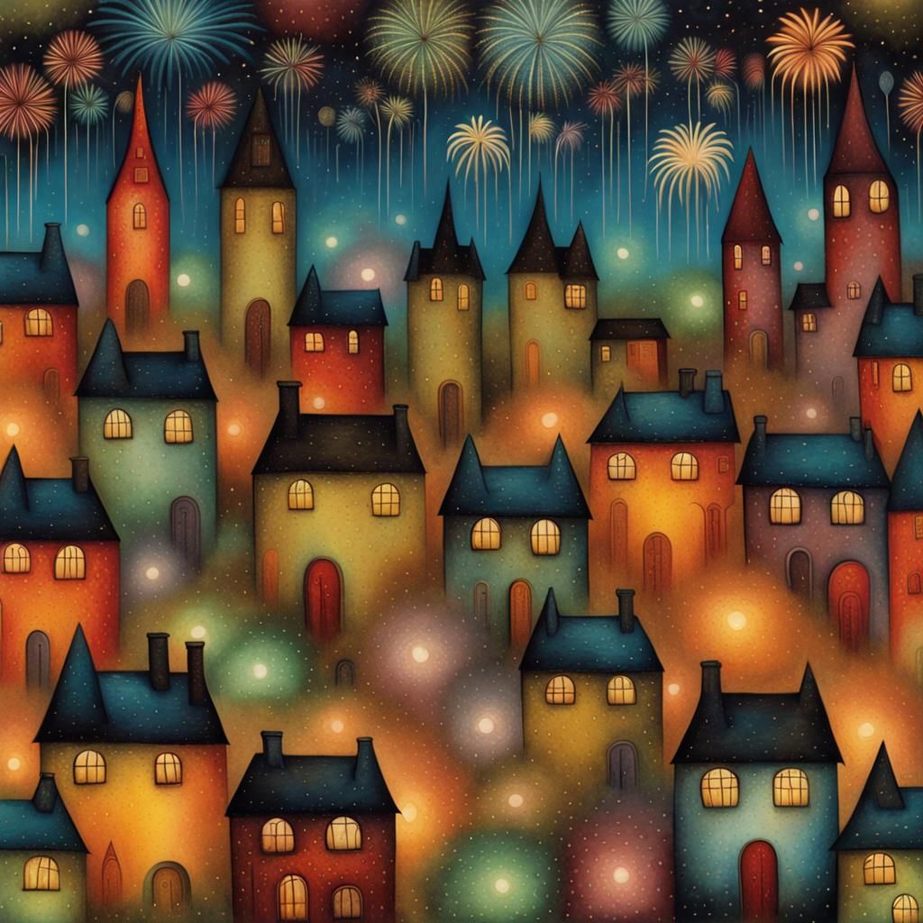 Fireworks Over Village in Art Deco Style