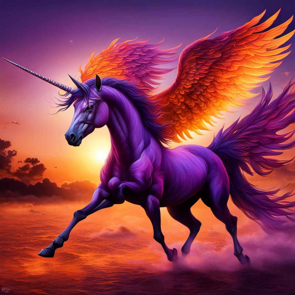 Purple and orange gradient Phoenix Unicorn blazing through t...