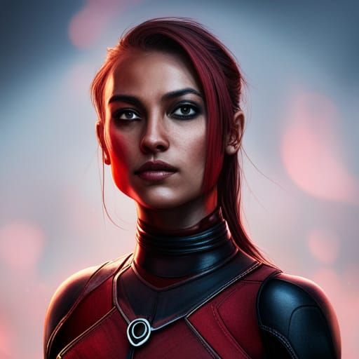 Hyperrealistic Female Deadpool Holding a Robin