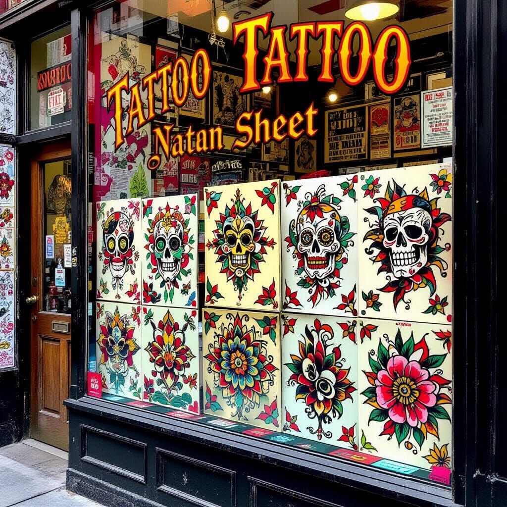 Vibrant Tattoo Flash Sheet in Shop Window
