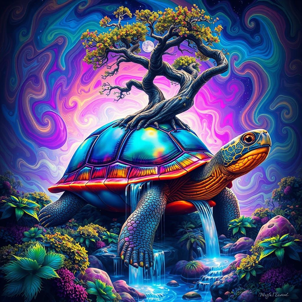 Surreal Turtle Transcends Reality with Twisted Tree and Wate...