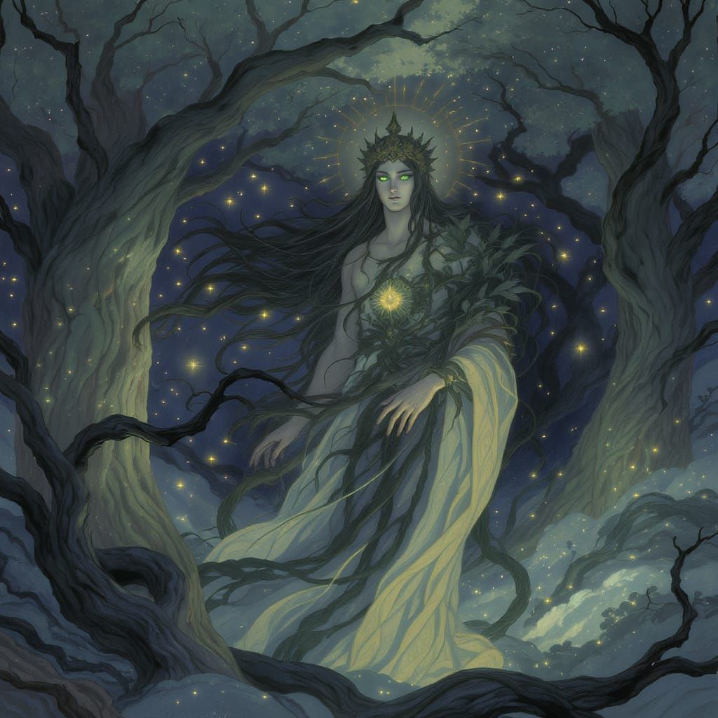 Forest God in Twilight Grove, Art Nouveau Style