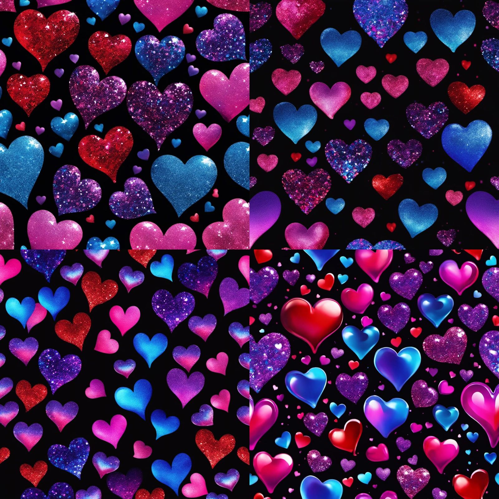 Glittering Liquid Metallic Hearts on Black Background