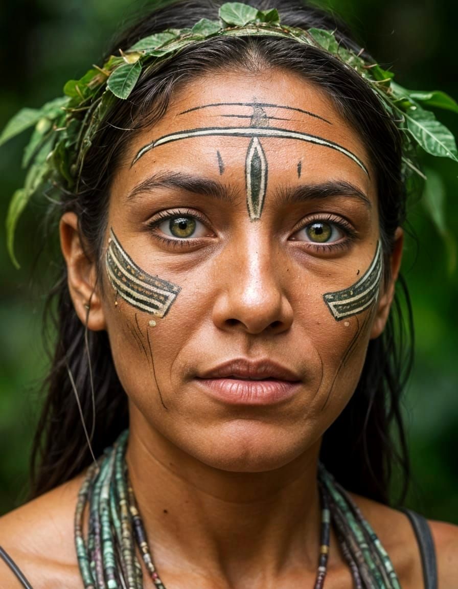 Amazonian Warrior Face Paint Portrait in Photorealistic Styl...