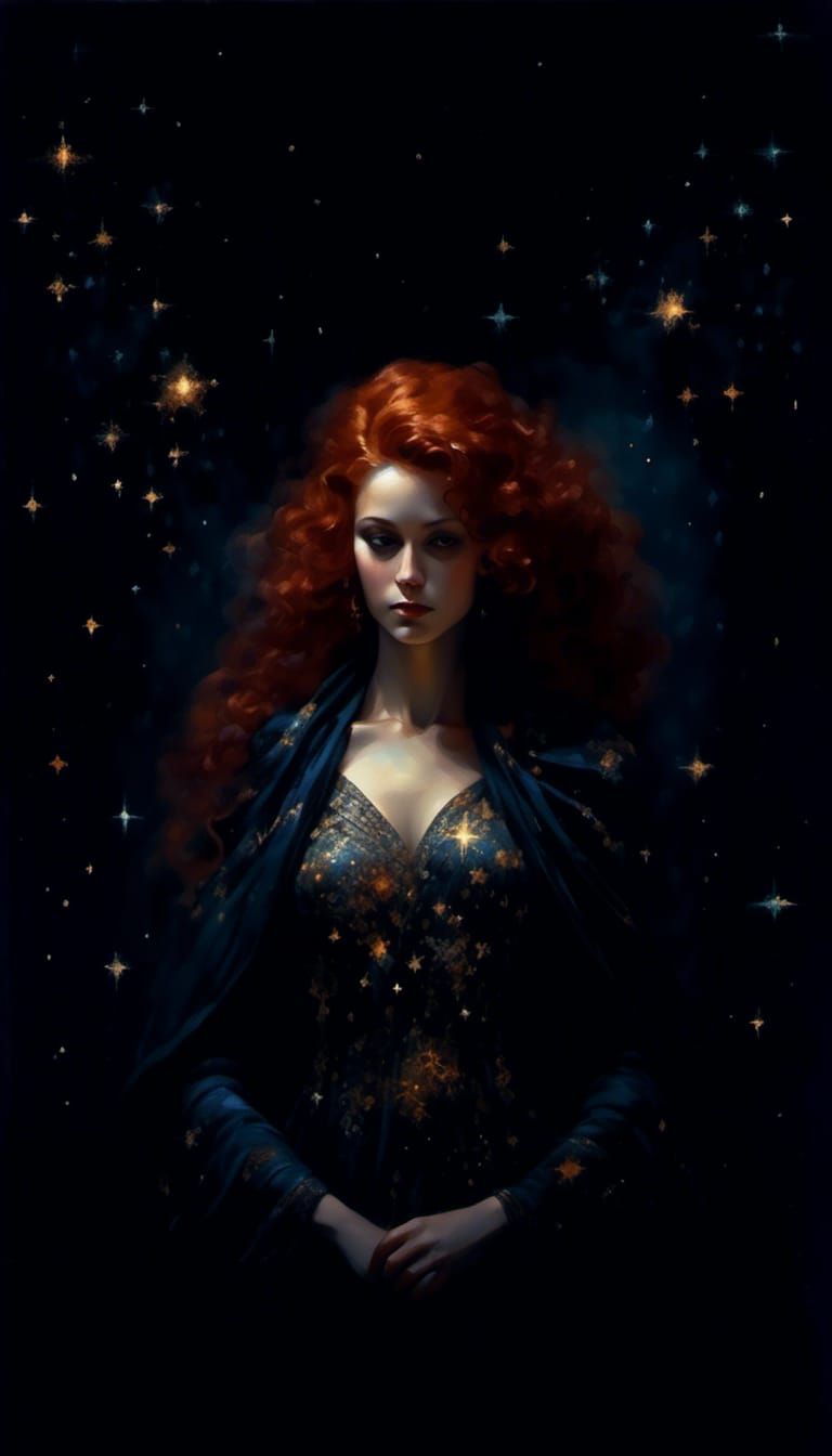 Woman in Starry Headscarf: Hyperrealistic Fantasy Portrait