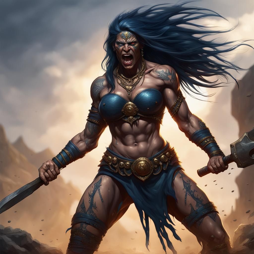 Furious Goliath Barbarian Woman in Dark Fantasy Style