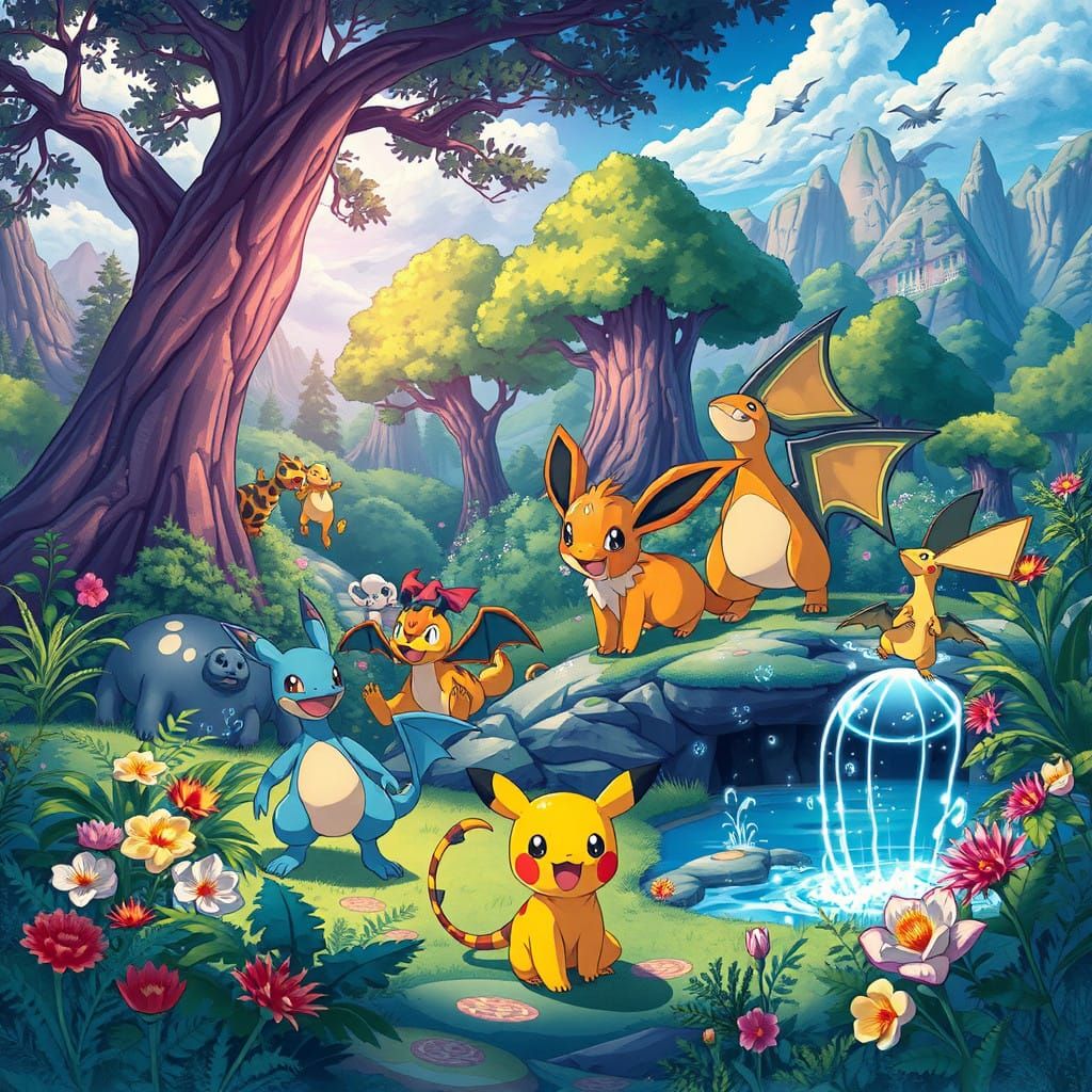 Vibrant Pokémon in Lush Greenery