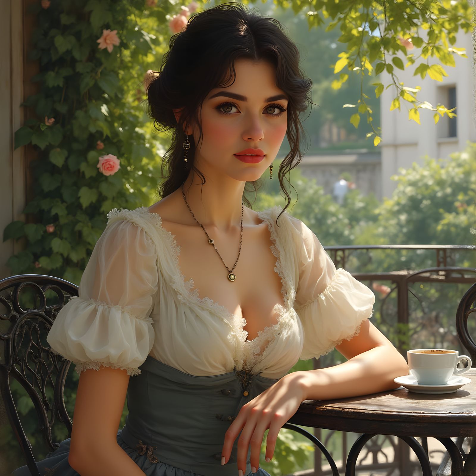 19th Century Woman at Cafe Terrace Painting