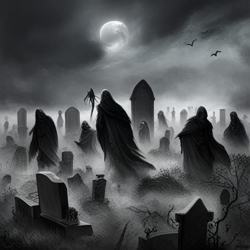 Foggy Graveyard Scene with Zombies in Horror Style