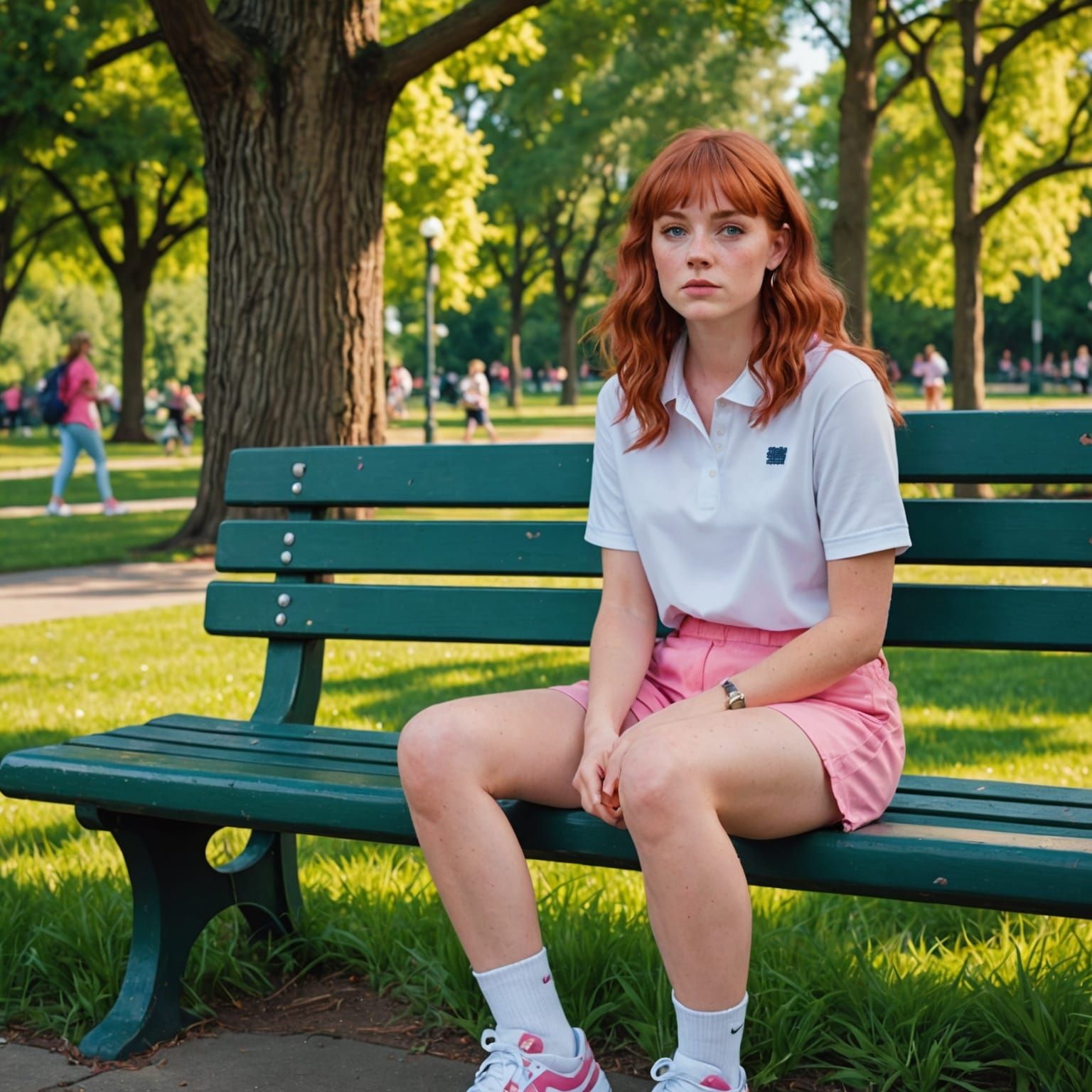 Red-Haired Woman on Park Bench: Fantasy Art