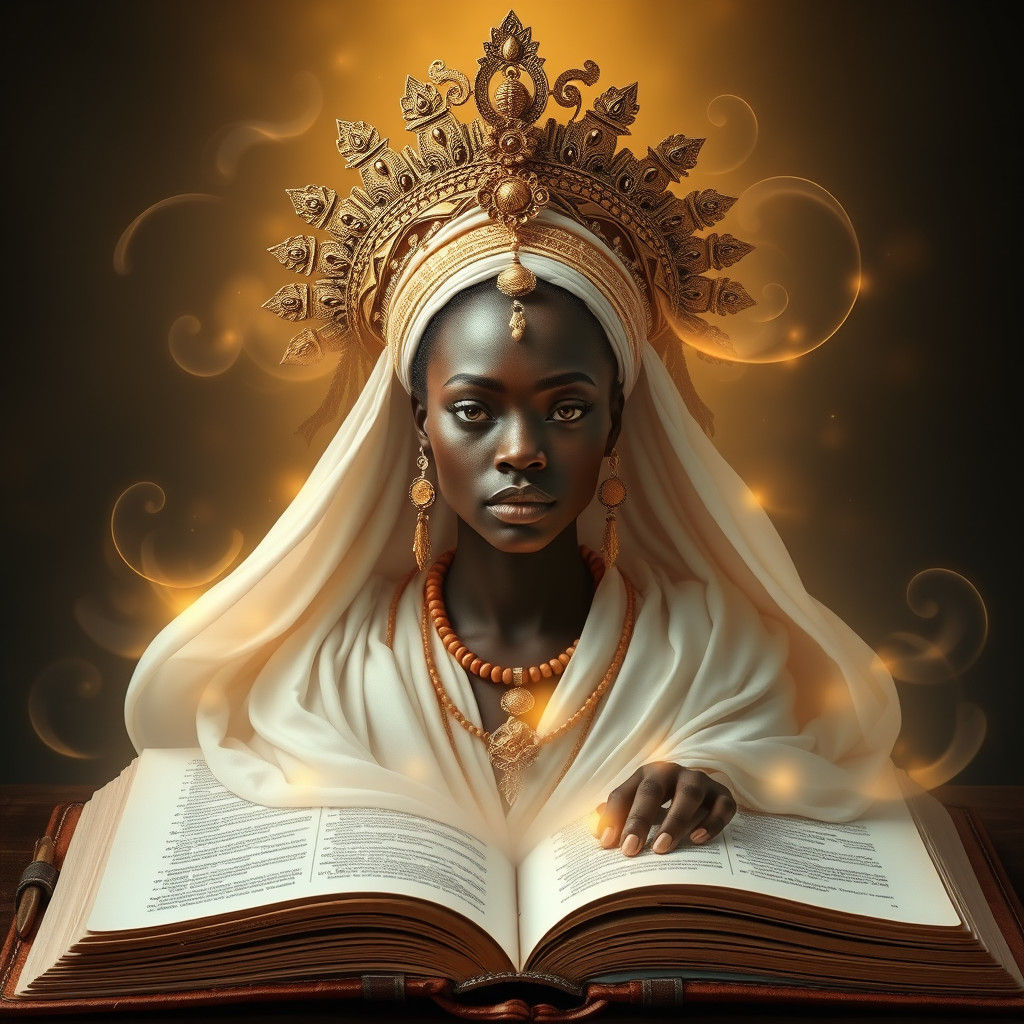African Goddess Rising from Bible in Mystical Realism