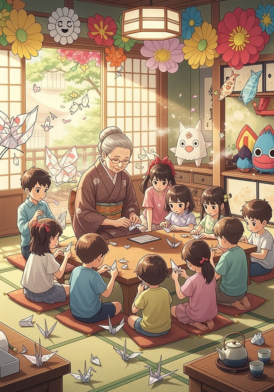 Japanese Grandmother Teaches Origami with Pop Art Decor