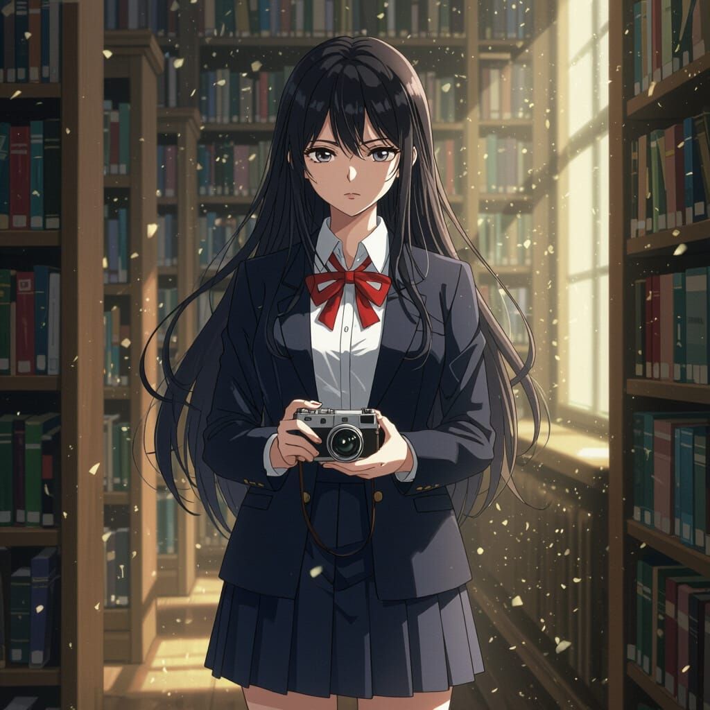 Anime Girl in Library with Vintage Camera