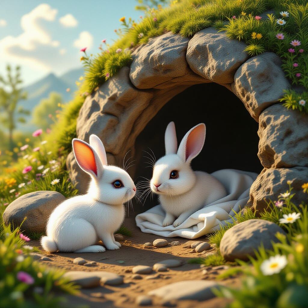 White Rabbit Discovers Secret Cave in Spring Garden