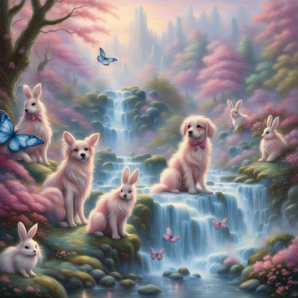 Pink and Blue Fantasy Landscape with Dog